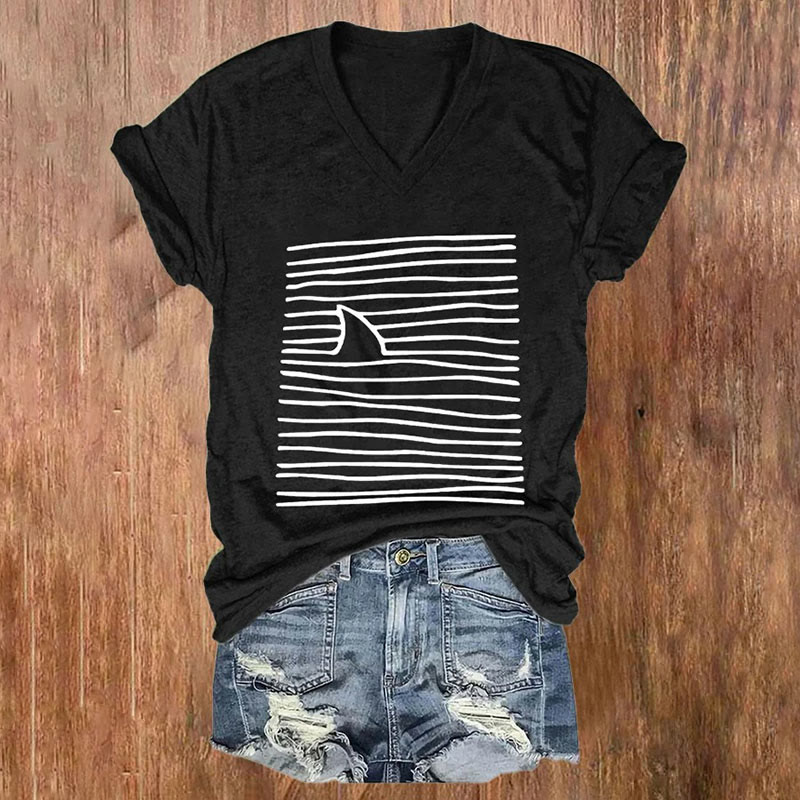Women's Shark Art Print V-neck T-shirt