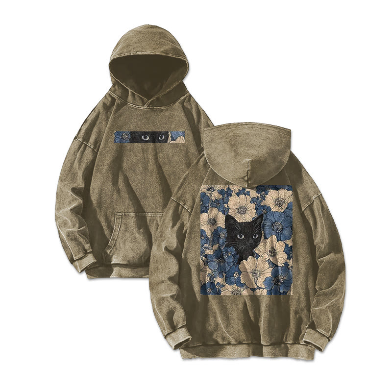 Black Cat In A Patchwork Flower Field Printed Washed Hoodie  - Khaki - US16-18(2XL) - image 4