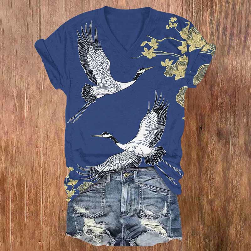 Japanese Floral Flying Elegant Crane Art Print V-neck T-shirt - Blue - US32-34(5XL) - image 3