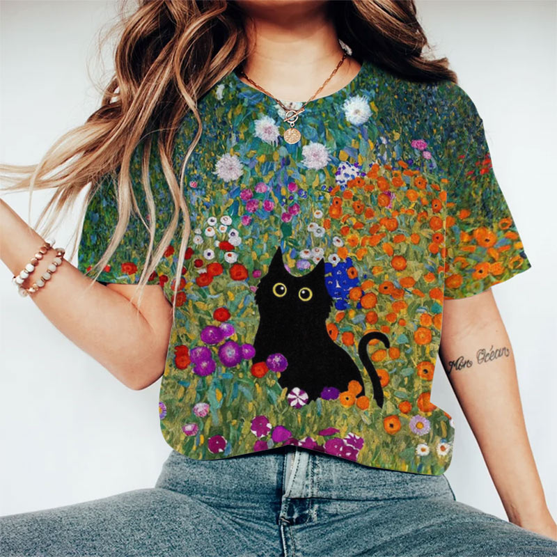 Flowers Cat Art Print Crew Neck Short-sleeved T-shirt