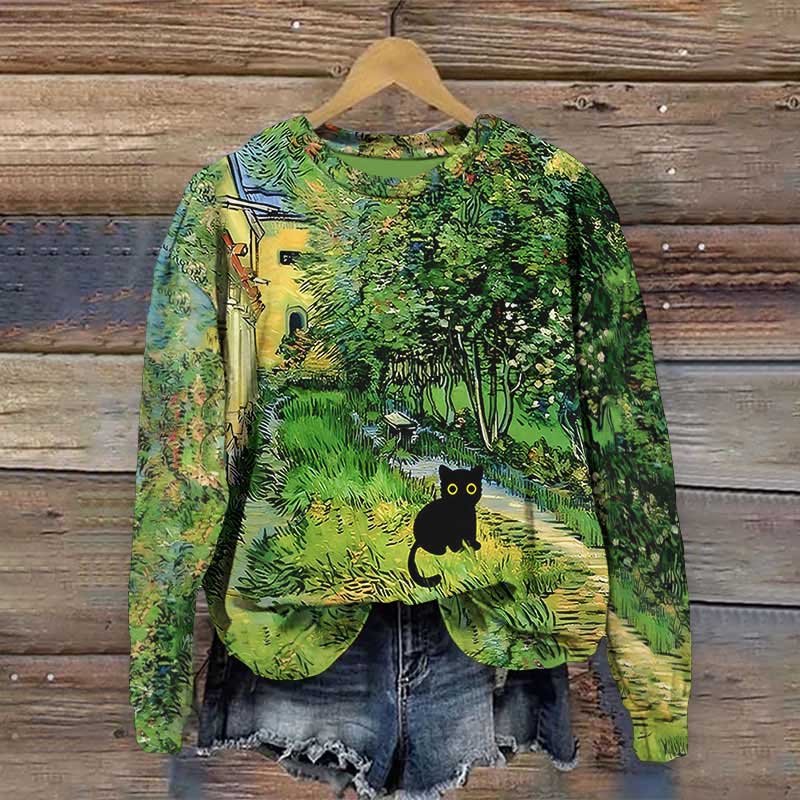 Funny Garden Of The Asylum Black Cat Art Print Crew Neck Sweatshirt