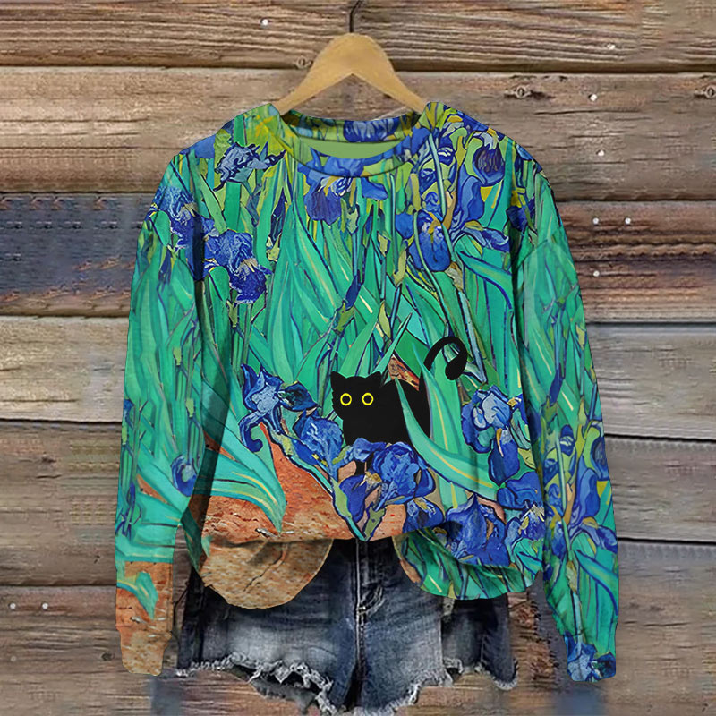 Funny Irises Cat Art Print Crew Neck Sweatshirt
