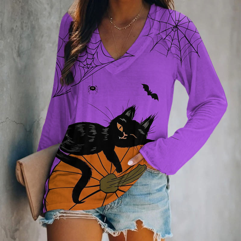 Halloween Cats & Pumpkin Print V-neck Long Sleeve T-shirt - Purple - 5XL - image 2