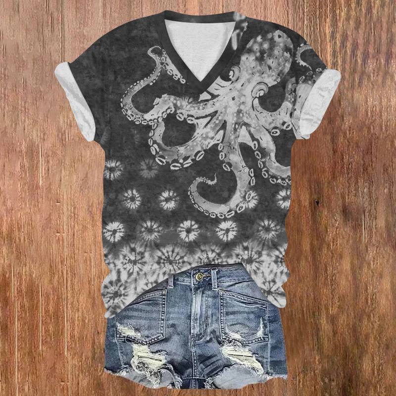 Ocean Octopus Tie-dye Snowflake Pattern Print Short Sleeved V-neck T-shirt - Black - US32-34(5XL) - image 3