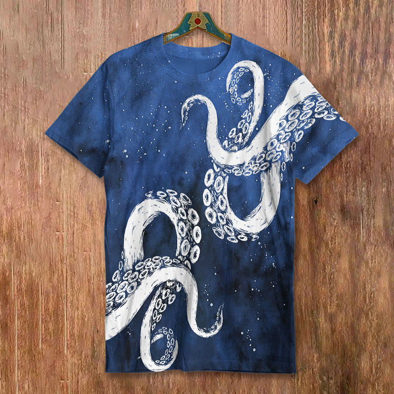 Kraken Octopus Tentacles Abstract Art Print Crew Neck Casual Short Sleeve T-shirt - Blue - 8XL - image 2