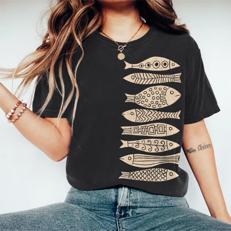 100% Cotton Fish Japanese Lino Art Print Casual T-shirt - Black - 2XL - image 4
