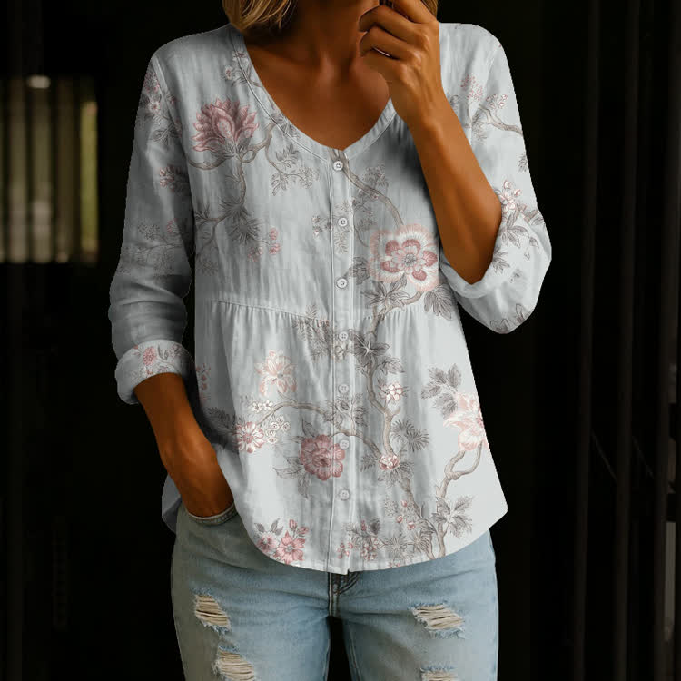Vintage Boho Floral Bloom Pattern Print Button V-Neck A-line Long Sleeve Blouse - Sky Blue - US 26-28 (4XL) - image 4