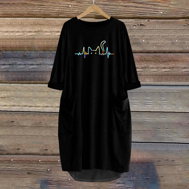 Rainbow Ecg Cat Print Crew Neck Casual Dress