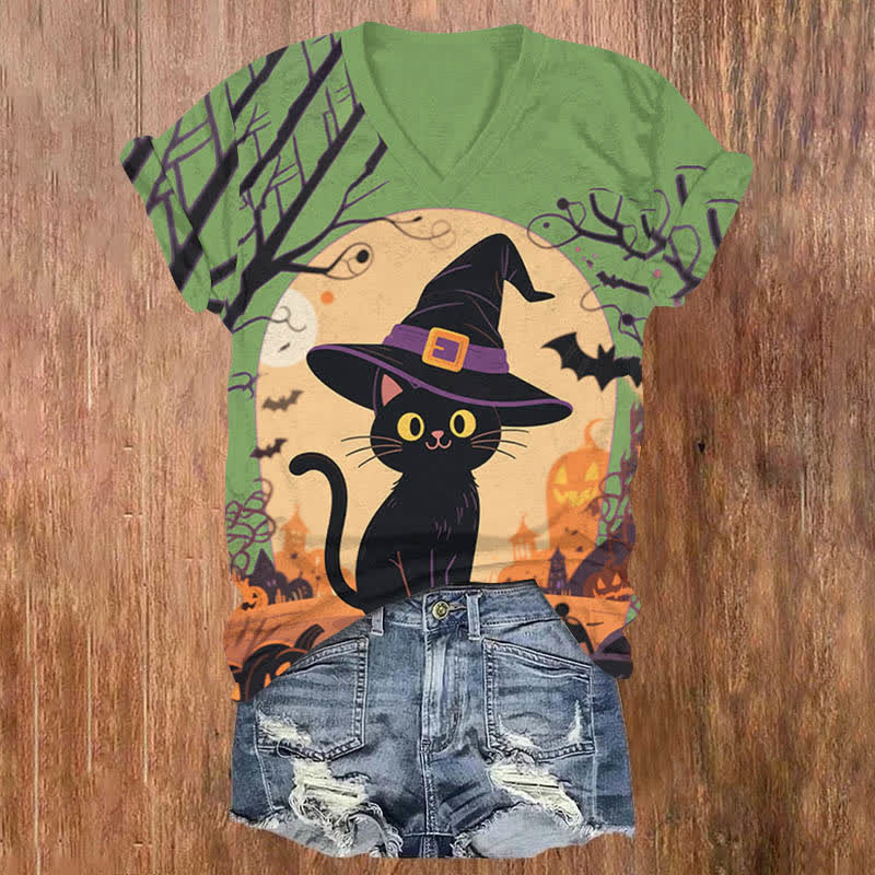 Halloween Lovely Wizard Black Cat Print V-neck T-shirt - Green - US32-34(5XL) - image 5