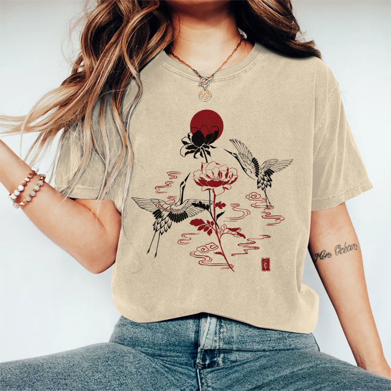 100% Cotton Women's Japanese Crane & Lotus Blossom Art Print Casual T-shirt - Khaki - 2XL - image 2
