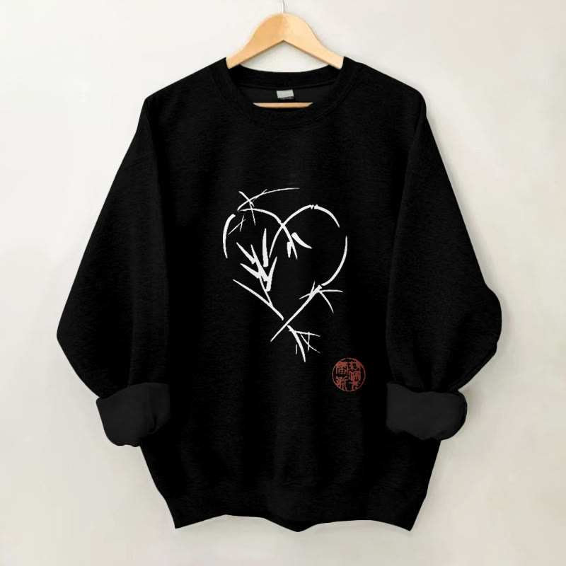100% Cotton Valentine's Day Japanese Hearts Print Crew Neck Sweatshirt - Black - 2XL - image 3