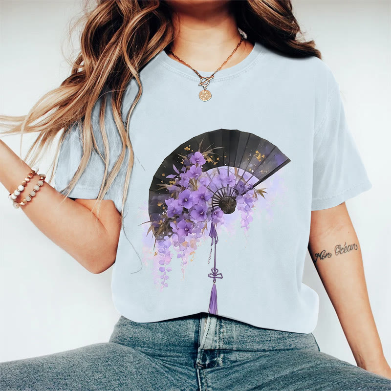 100% Cotton Women's Japanese Style Floral Fan Art Print Casual T-shirt - Blue - 2XL - image 3