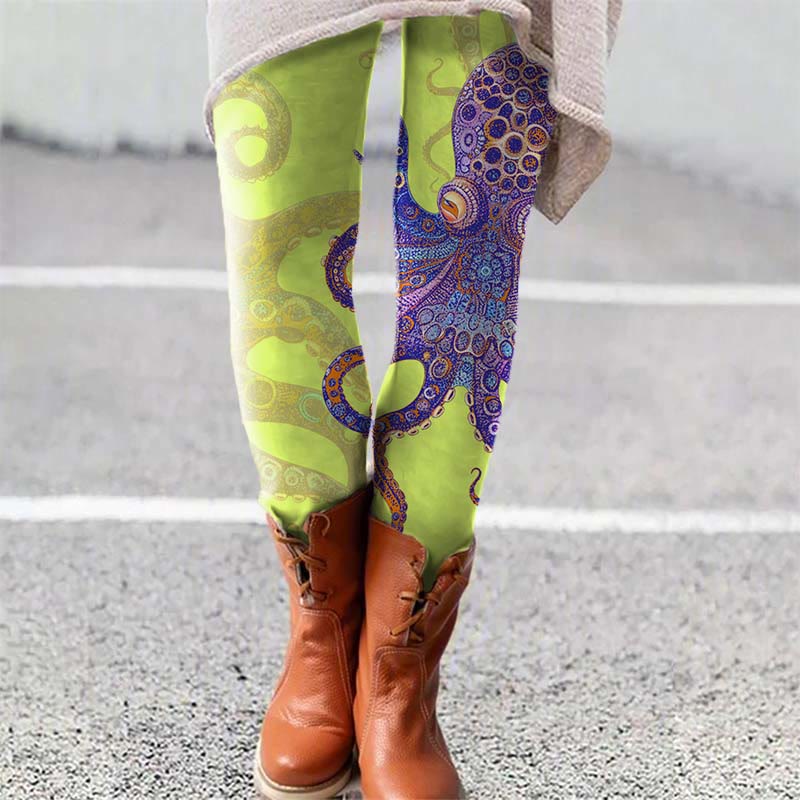 Unique Exquisite Octopus Pattern Art Print Leggings - Green - 5XL - image 4