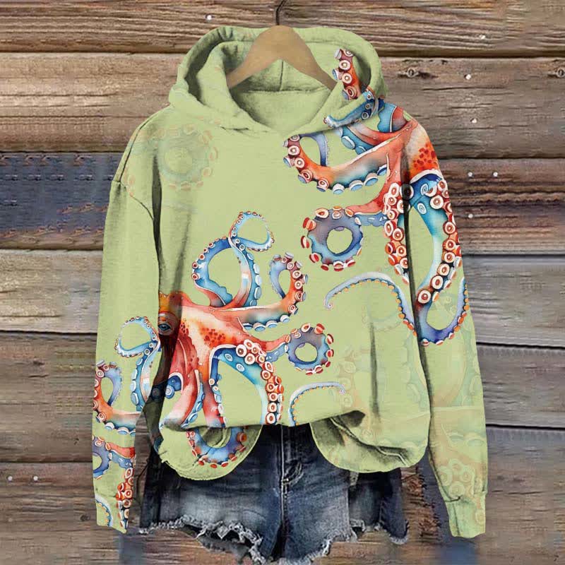 Japanese Colorful Octopus Art Print Long Sleeve Hoodie - Green - US44-46(8XL) - image 5