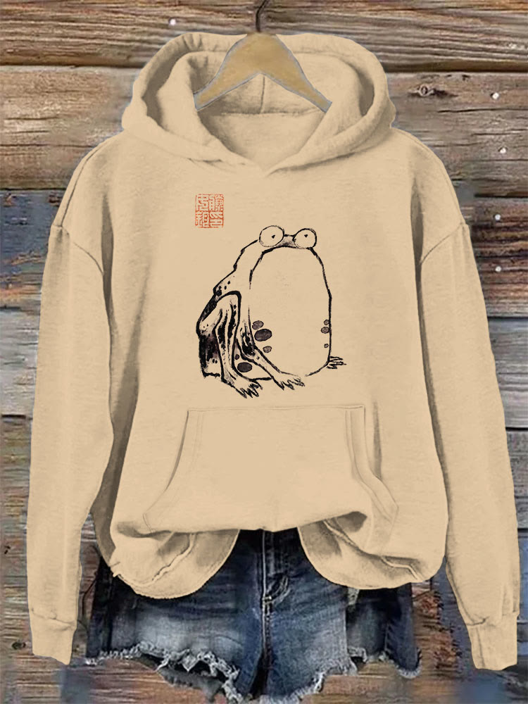 100% Cotton Women's Frog Ancient Japanese Art Print Comfy Hoodie