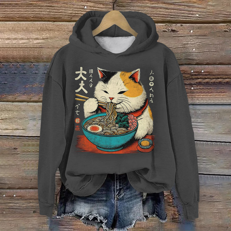 Japanese Cute Cat Eating Ramen Print Long Sleeve Hoodie - Dark Grey - 8XL - image 1