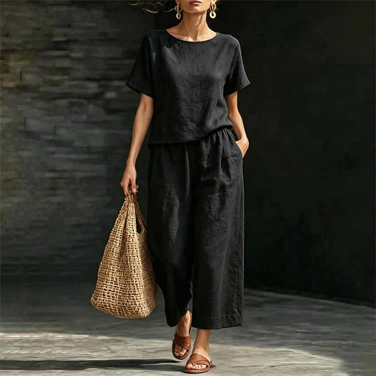Cozy Solid Loose-fitting Half Sleeve Blouse&wide-leg Pants Set - image 5