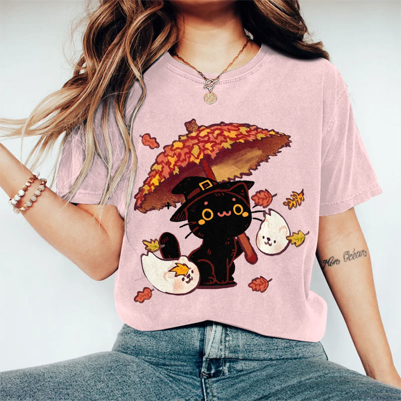 100% Cotton Women's Halloween Black Cat Holding Maple Leaf Umbrella Art Print Casual T-shirt - Pink - 2XL - image 3