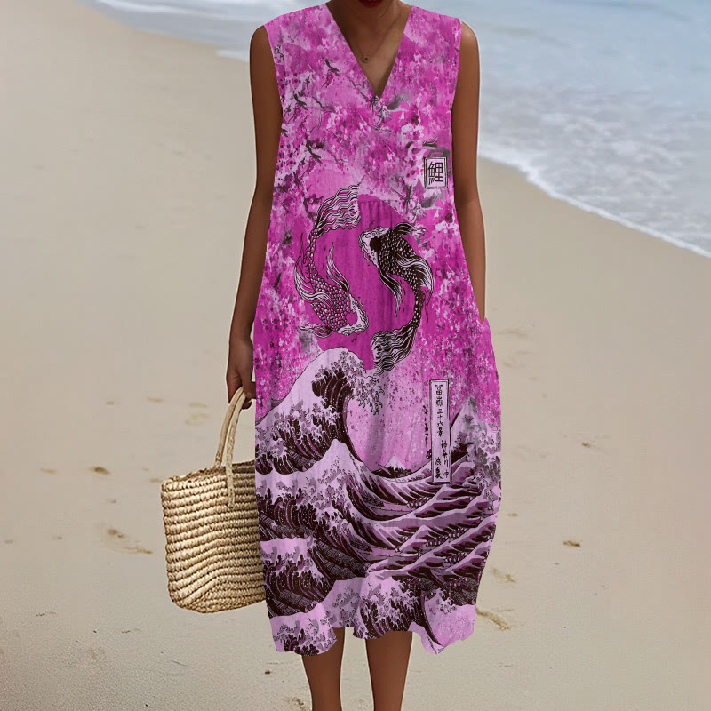 Japanese Koi Wave Art Print V-neck Sleeveless Dress - Purple - 5XL - image 3