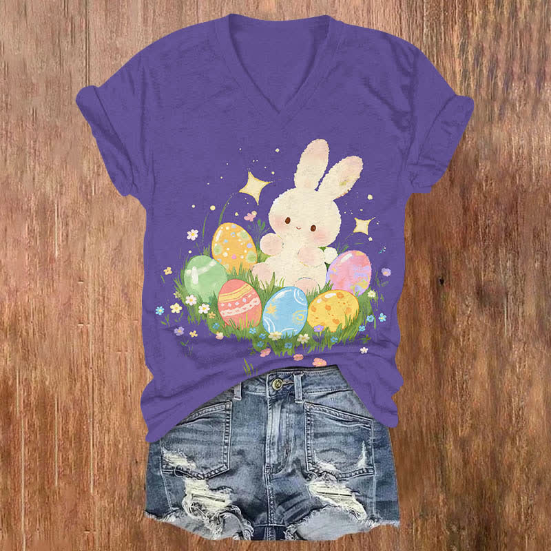 Lovely Bunny & Colorful Easter Egg Print V-neck T-shirt - Purple - US32-34(5XL) - image 4