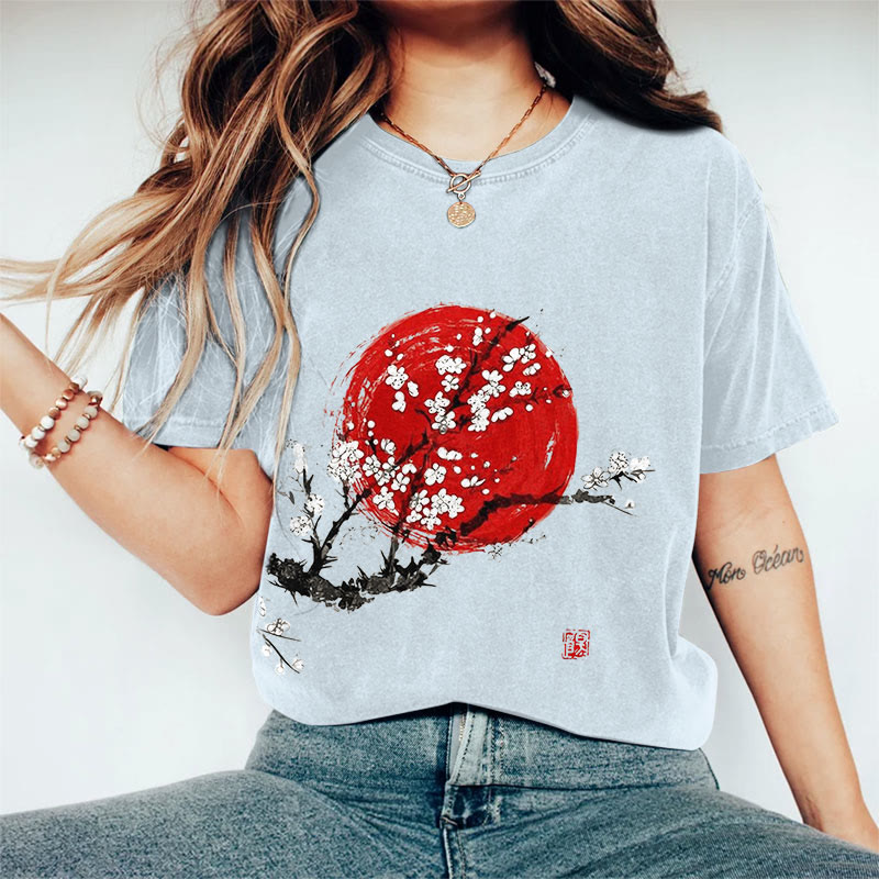 100% Cotton Women's Sunrise Japanese Art Print Casual T-shirt - Blue - 2XL - image 3
