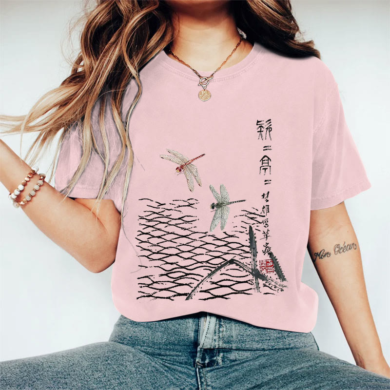 100% Cotton Women's Japanese Ink Painting Dragonfly Art Print Casual T-shirt - Pink - 2XL - image 7