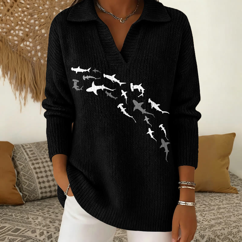 Shark Print  Polo Collar Long Sleeved Sweater - Black - 5XL - image 3
