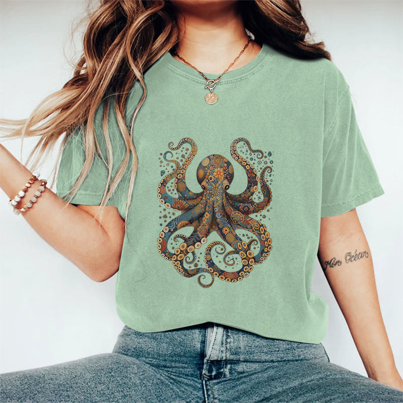 100% Cotton Vintage Flower Patterns Floral Octopus T-shirt - Light Green - 2XL - image 6