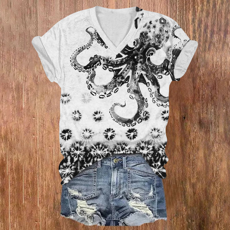 Ocean Octopus Tie-dye Snowflake Pattern Print Short Sleeved V-neck T-shirt - White - US32-34(5XL) - image 4
