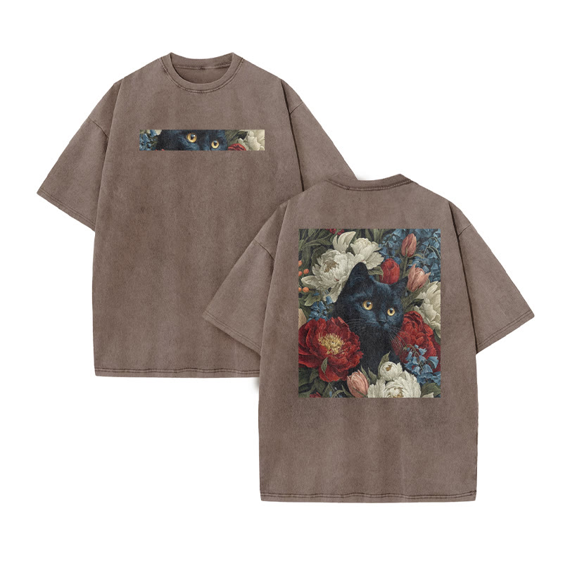 A Black Cat Hidden Among Clusters Of Red-white Peonies Print Acid Washed T-shirt - Coffee - US20-22(3XL) - image 5