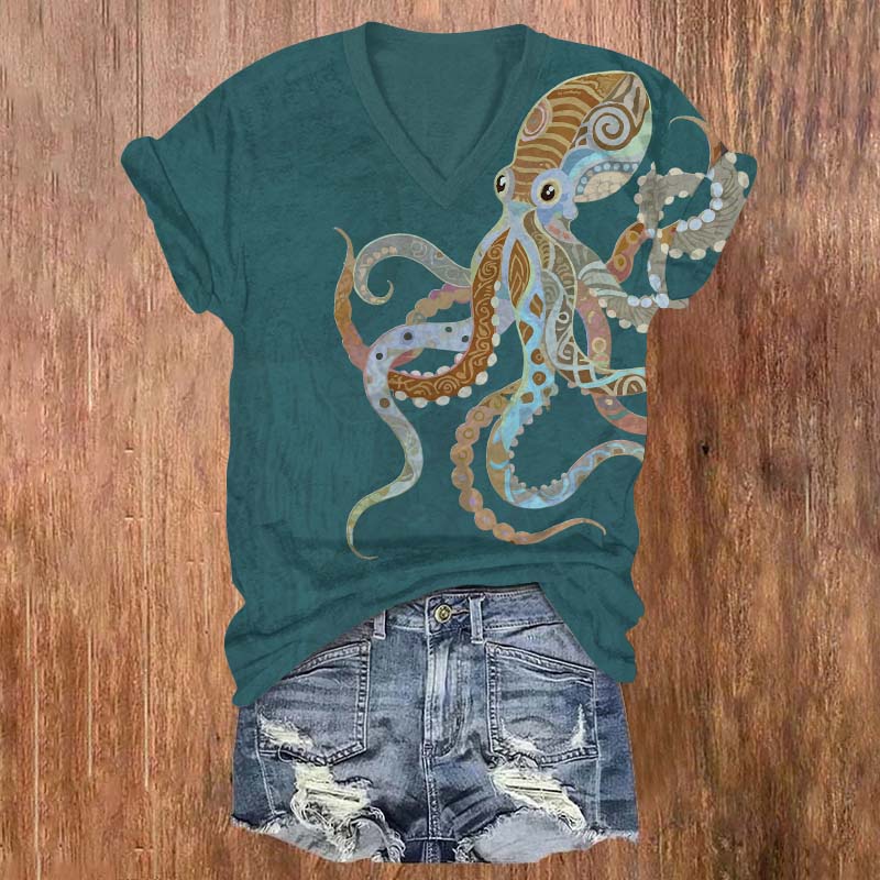 Vintage Ethnic Pattern Octopus Print V-neck T-shirt - Green - US32-34(5XL) - image 2