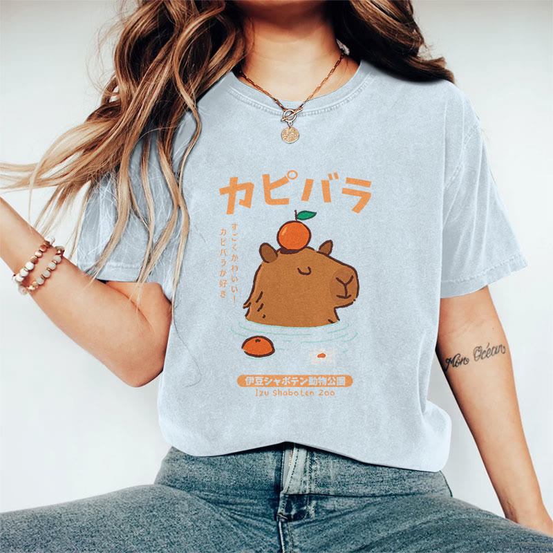 100% Cotton Cute Capybara With Orange Japanese Art Print T-shirt - Light Blue - 2XL - image 5