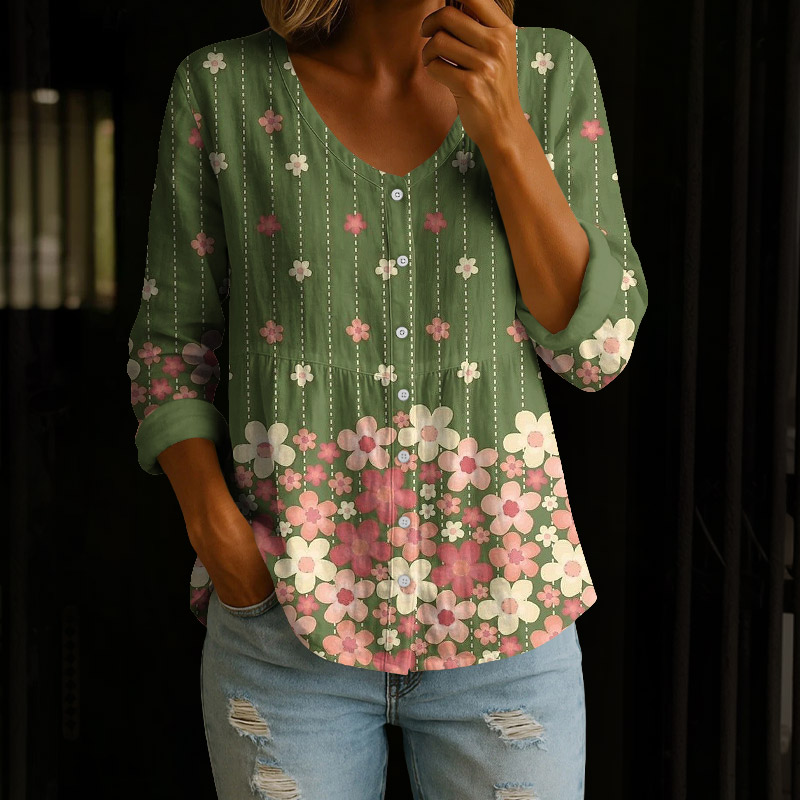 Vintage Pink Cartoon Sakura Art Print Button V-neck A-line Long Sleeve Blouse - Green - 4XL - image 1