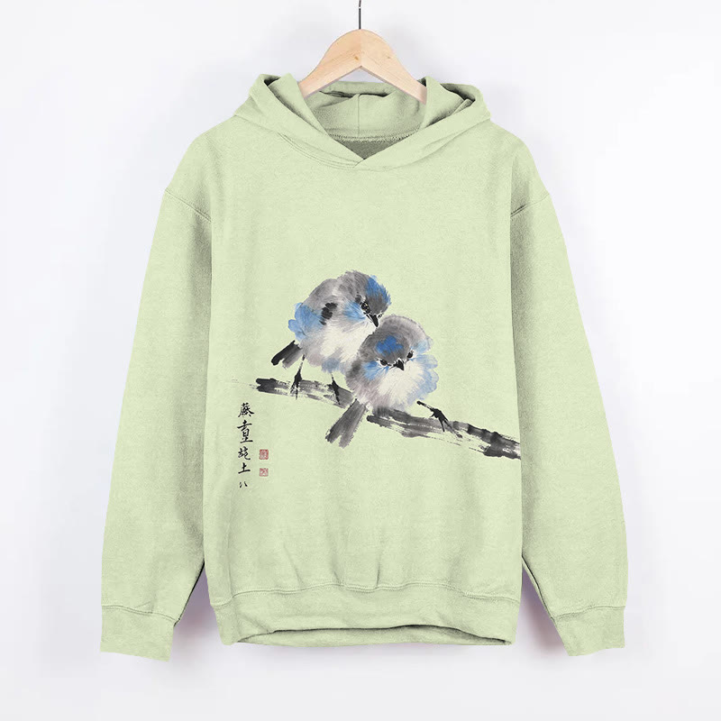 Traditional Japanese Bird On A Branch Art Print Long Sleeve Hoodie - Green - US44-46(8XL) - image 3
