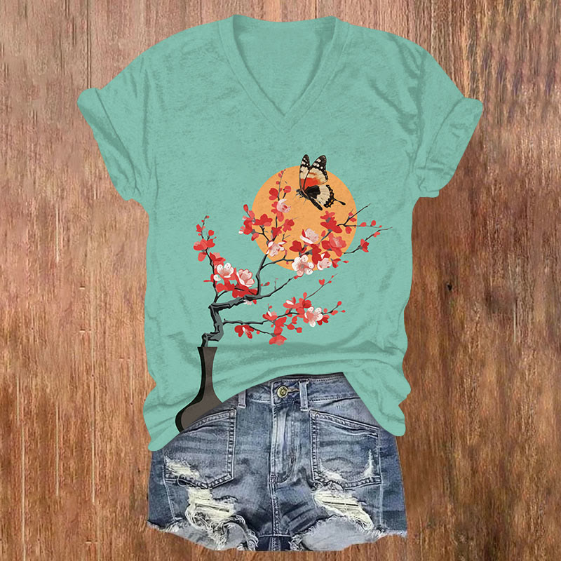 Japanese Vase Plum Blossom Sun Butterfly Print V-neck T-shirt - Green - US32-34(5XL) - image 2