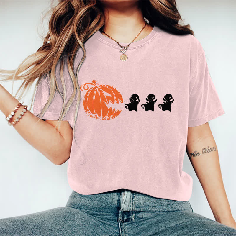 100% Cotton Women's Halloween Creative Pumpkin Eating Ghost Art Print Casual T-shirt - Pink - 2XL - image 11