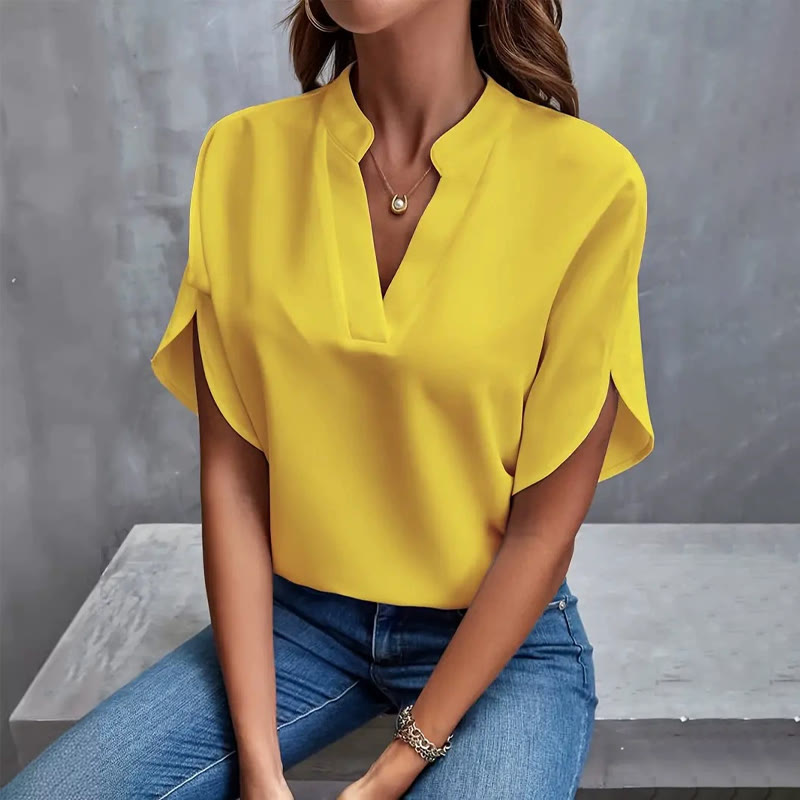 Elegant Solid Tulip Hlaf-sleeves V-neck Blouse - Yellow - 2XL - image 5