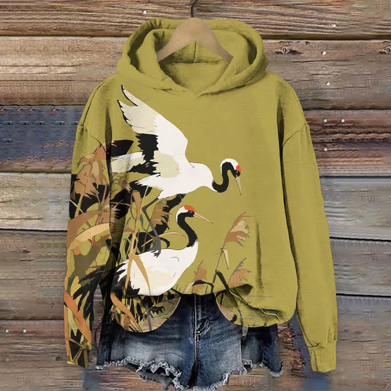 Japanese Oil Painting White Crane Art Print Long Sleeve Hoodie - Green - US44-46(8XL) - image 6