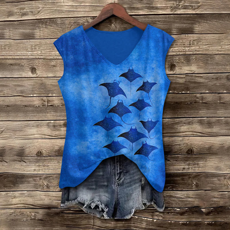 Vintage Manta Ray Art Print V Neck Casual Tank Top - Blue - 5XL - image 4