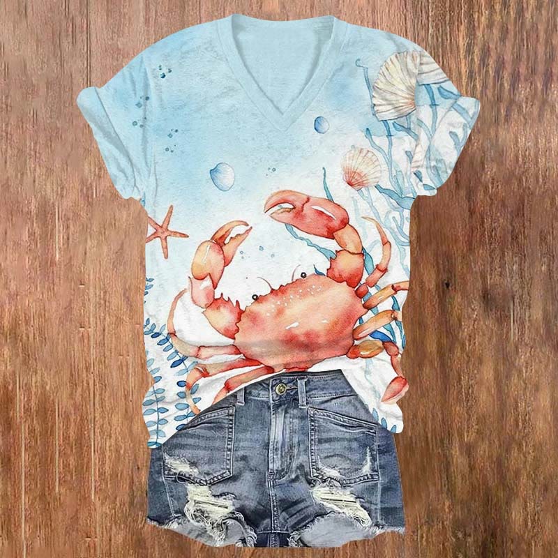 Cartoon Watercolor Crab Underwater Print V-neck T-shirt - Blue - US32-34(5XL) - image 2