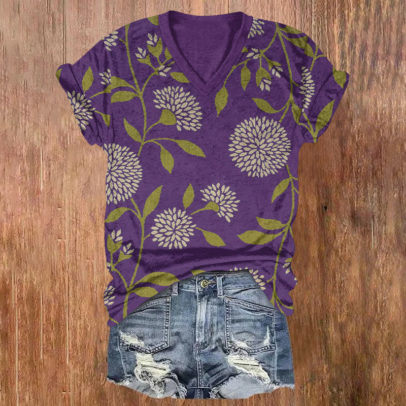 Japanese Chrysanthemum Vines Pattern Print Short Sleeved V-neck T-shirt - Purple - US32-34(5XL) - image 3