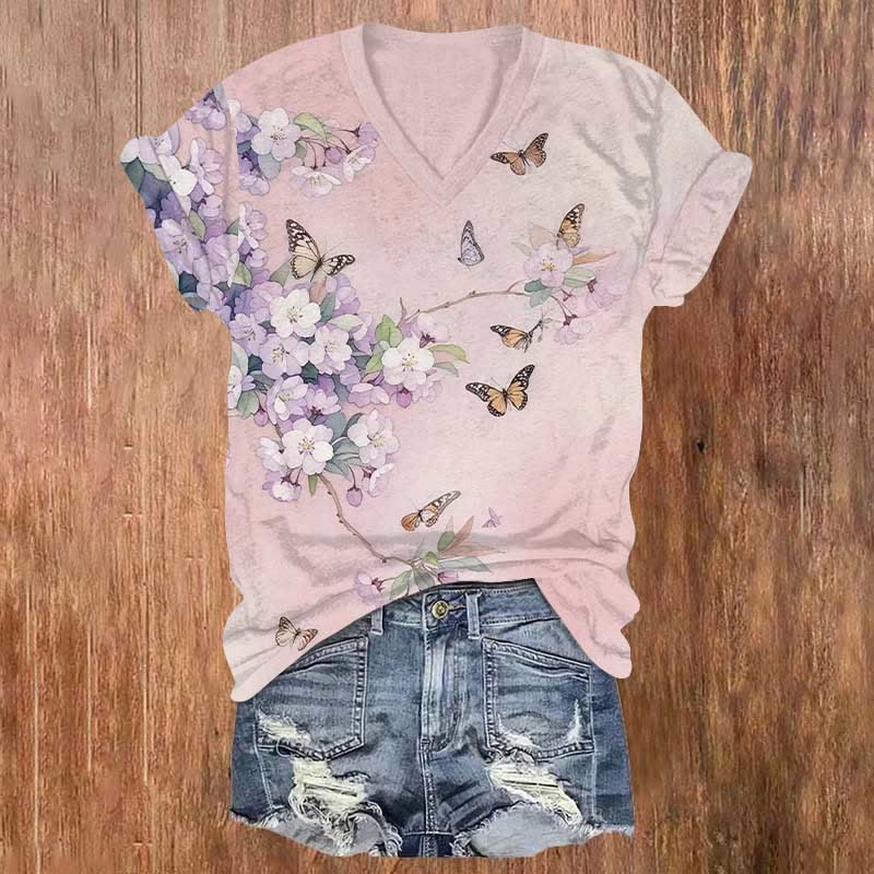 Romantic Flowers & Butterfly Art Print V-neck T-shirt - Pink - US32-34(5XL) - image 3