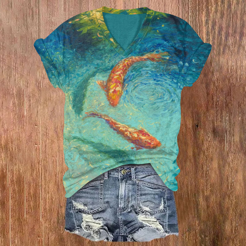 Artistic Lotus Pond Koi Pattern T-shirt - Green - 5XL - image 1