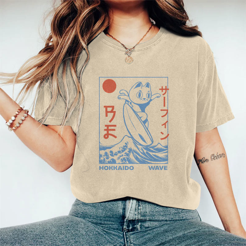 100% Cotton Women's Japanese Surfing Cat Art Print Casual T-shirt - Khaki - 2XL - image 2