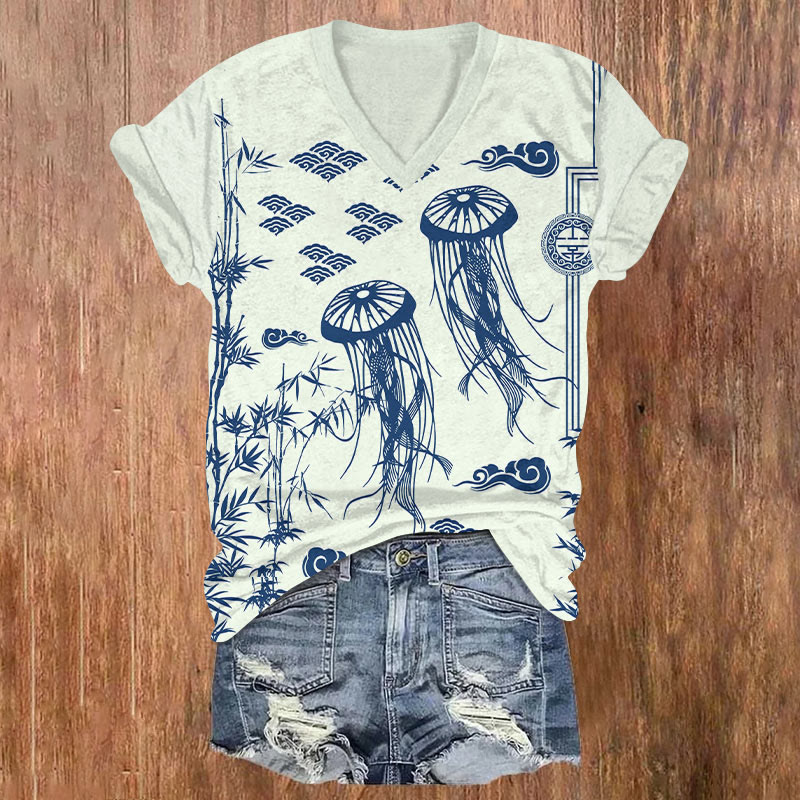 Creative Abstract Jellyfish & Bamboo Art T-shirt - Beige - US32-34(5XL) - image 2