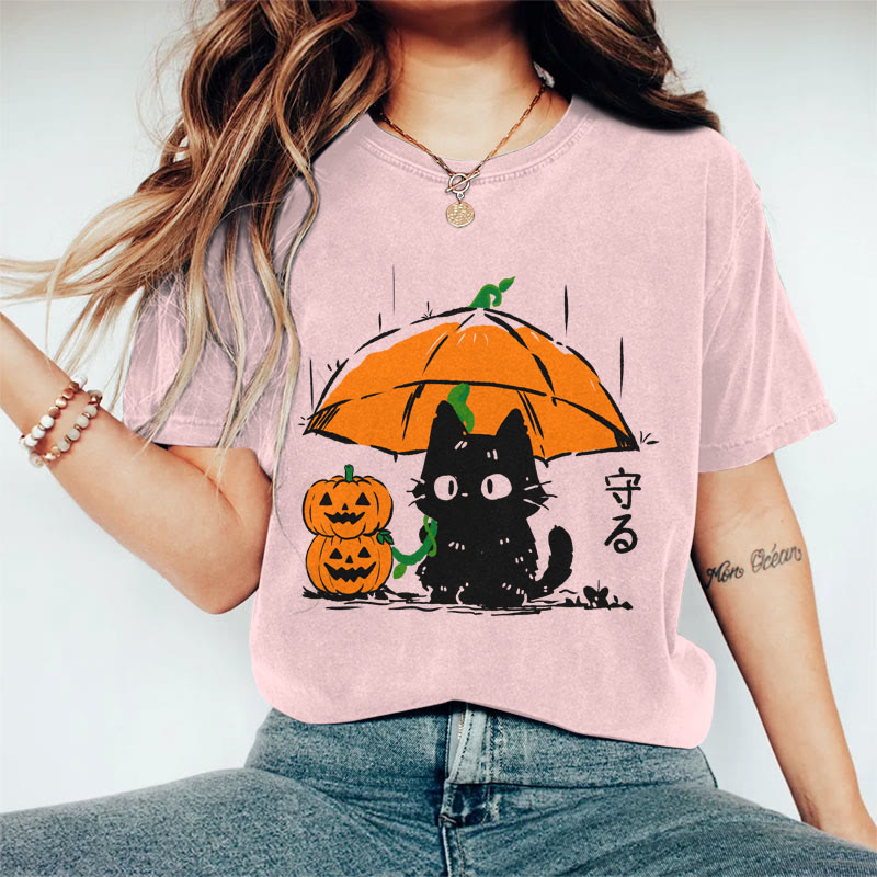 100% Cotton Women's Halloween Black Cat Holding Pumpkin Umbrella Art Print Casual T-shirt - Pink - 2XL - image 3