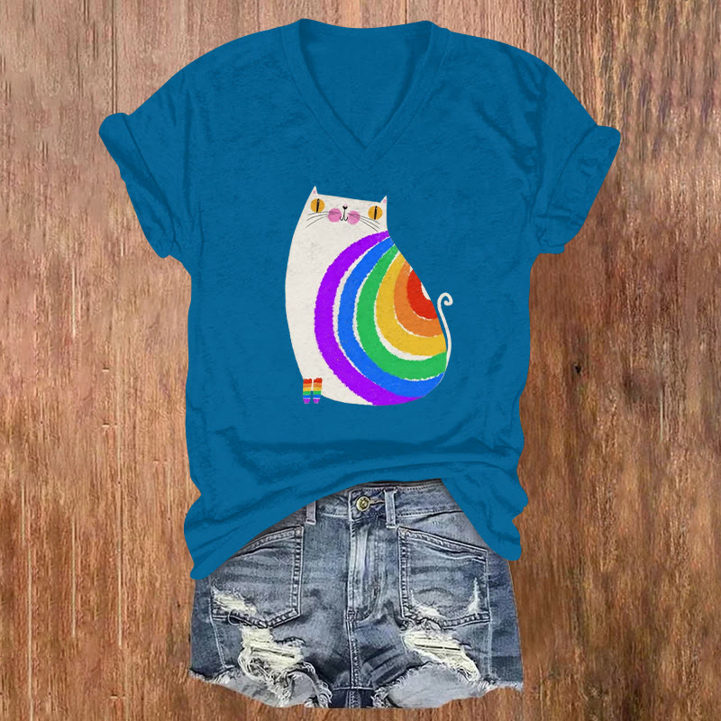 Ugly Rainbow Cat Print V-neck Short Sleeve T-shirt - Blue - US32-34(5XL) - image 3