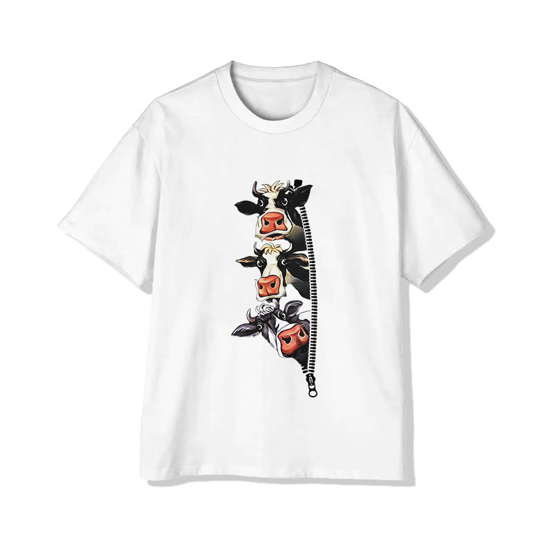 Unisex Creative Zipper Cow Pattern Print Short Sleeved Crew Neck T-shirt - White - 2XL - image 3