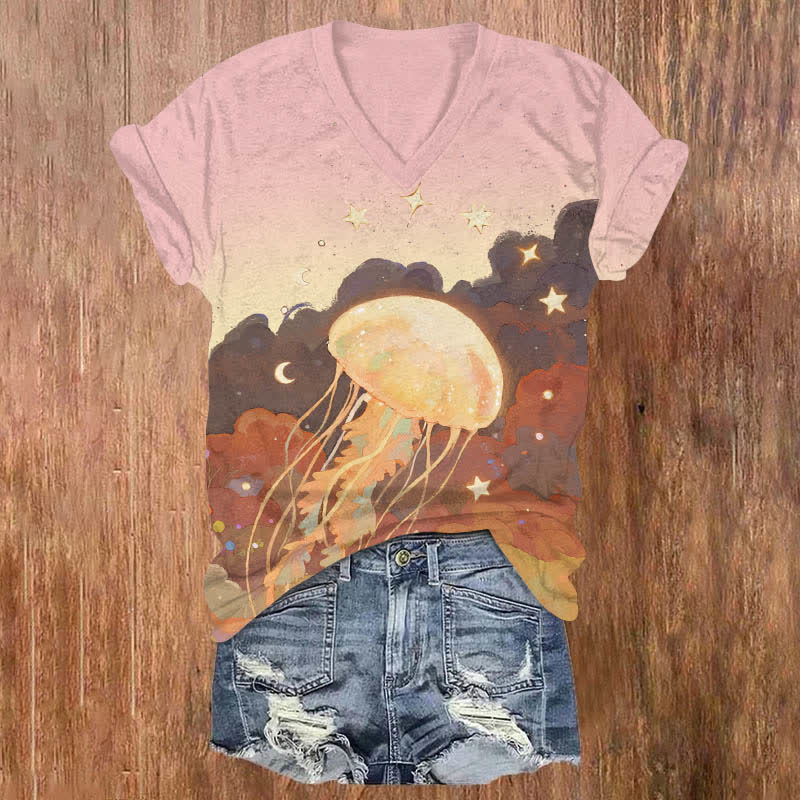 Oil Painting Star & Moon Around Jellyfish Print V-neck T-shirt - Pink - US32-34(5XL) - image 4