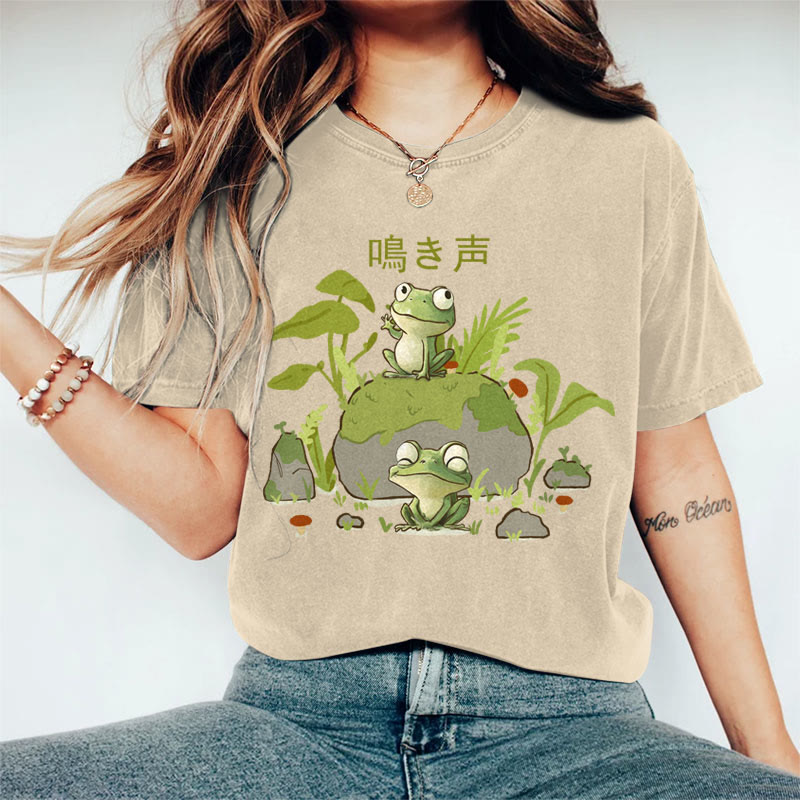 100% Cotton Women's  Japanese Frog On The Stone Art Print Casual T-shirt - Khaki - 2XL - image 5